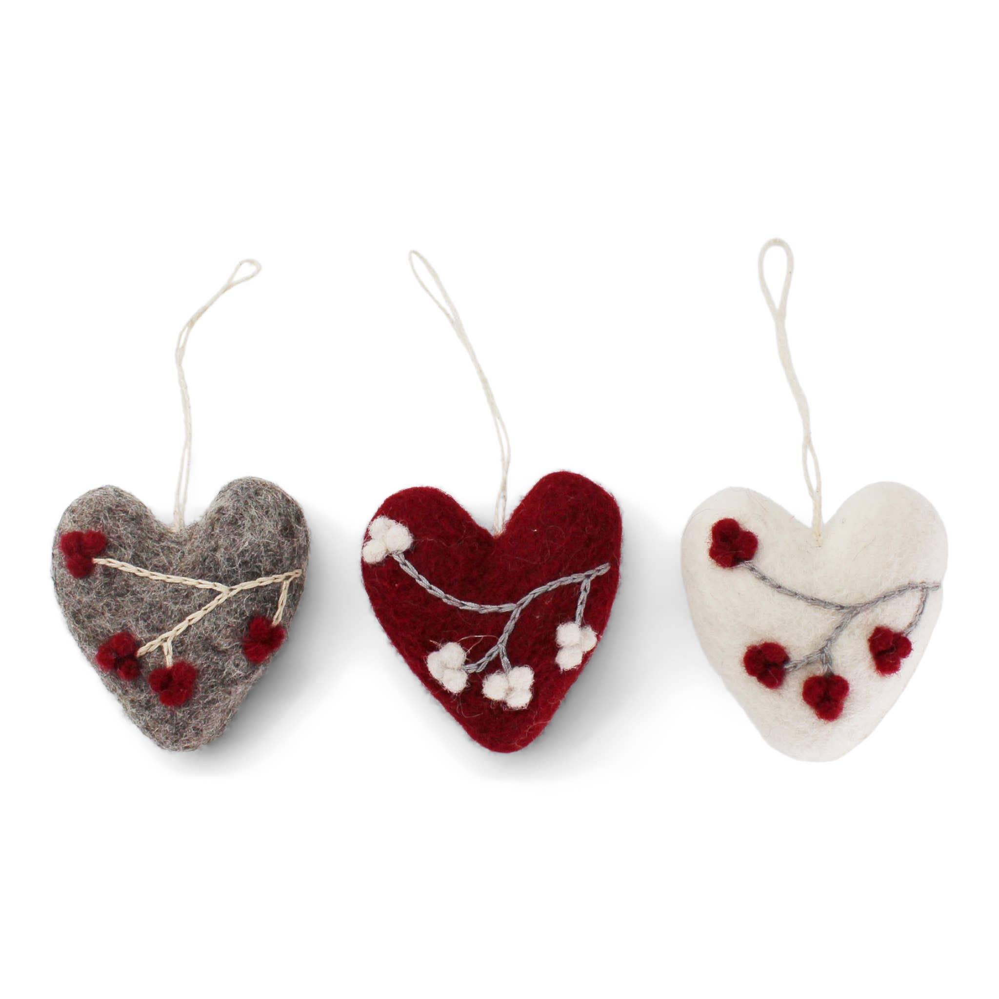Heart Ornaments w/Berries - Set of 3