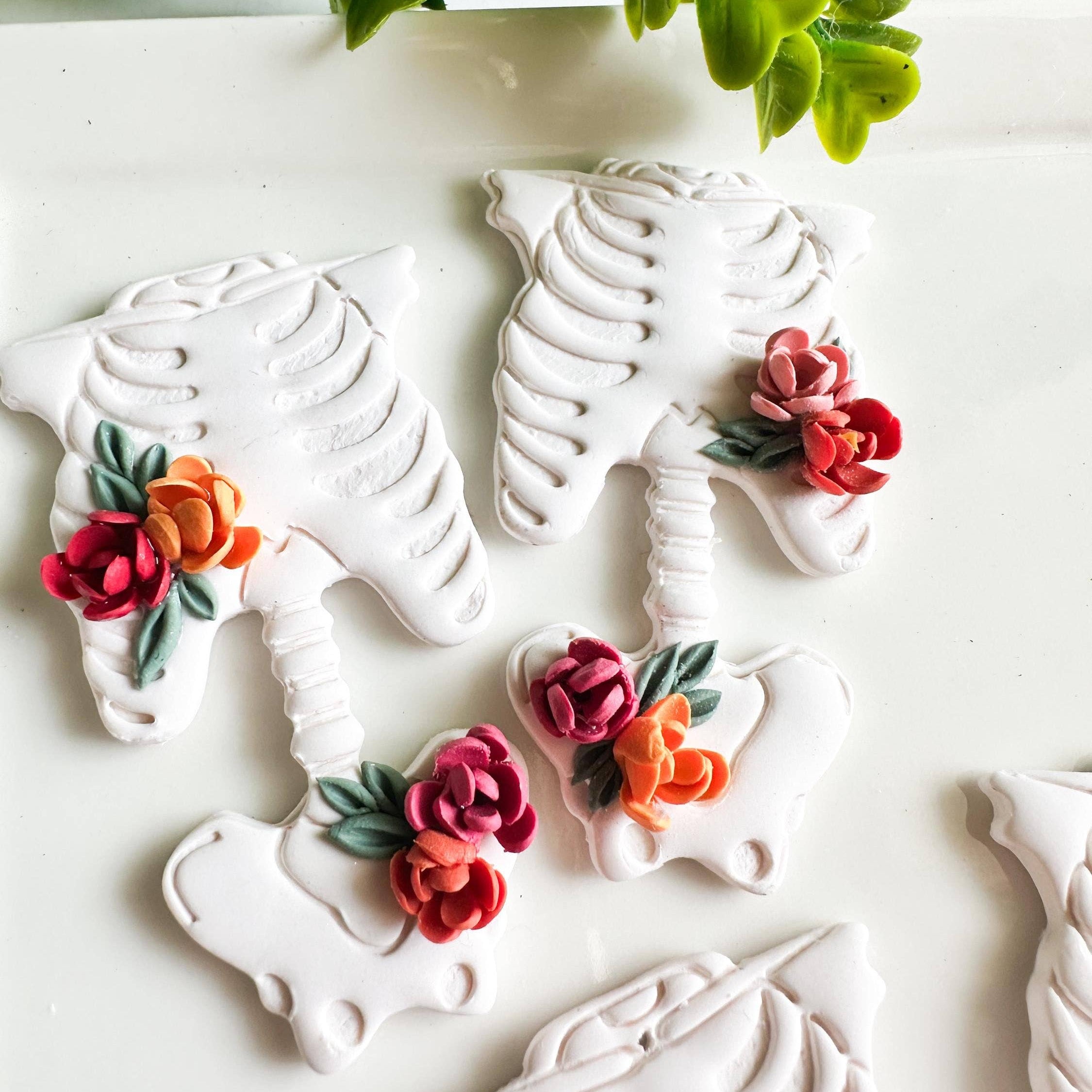 Floral Skeleton Clay Dangle Statement Earrings