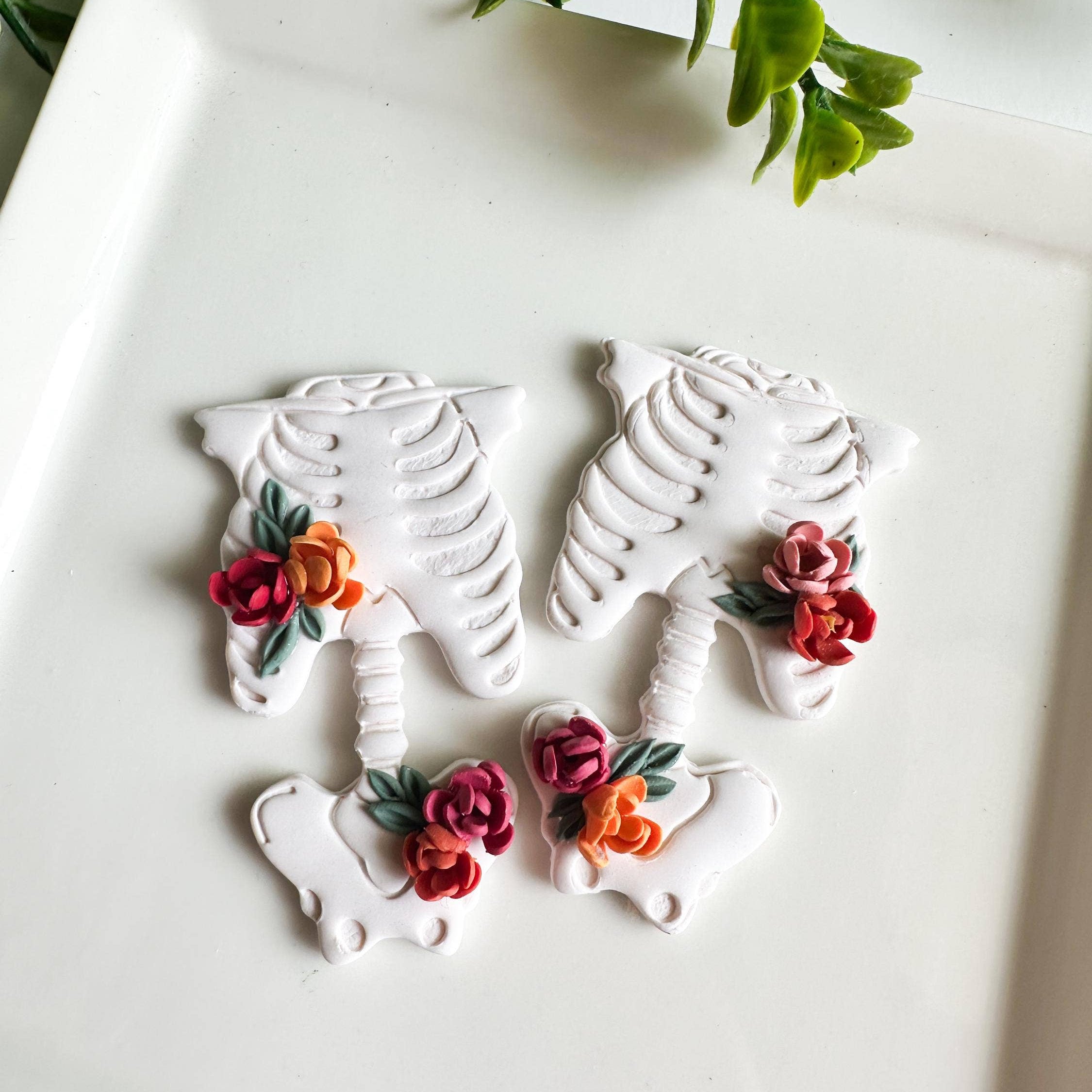 Floral Skeleton Clay Dangle Statement Earrings