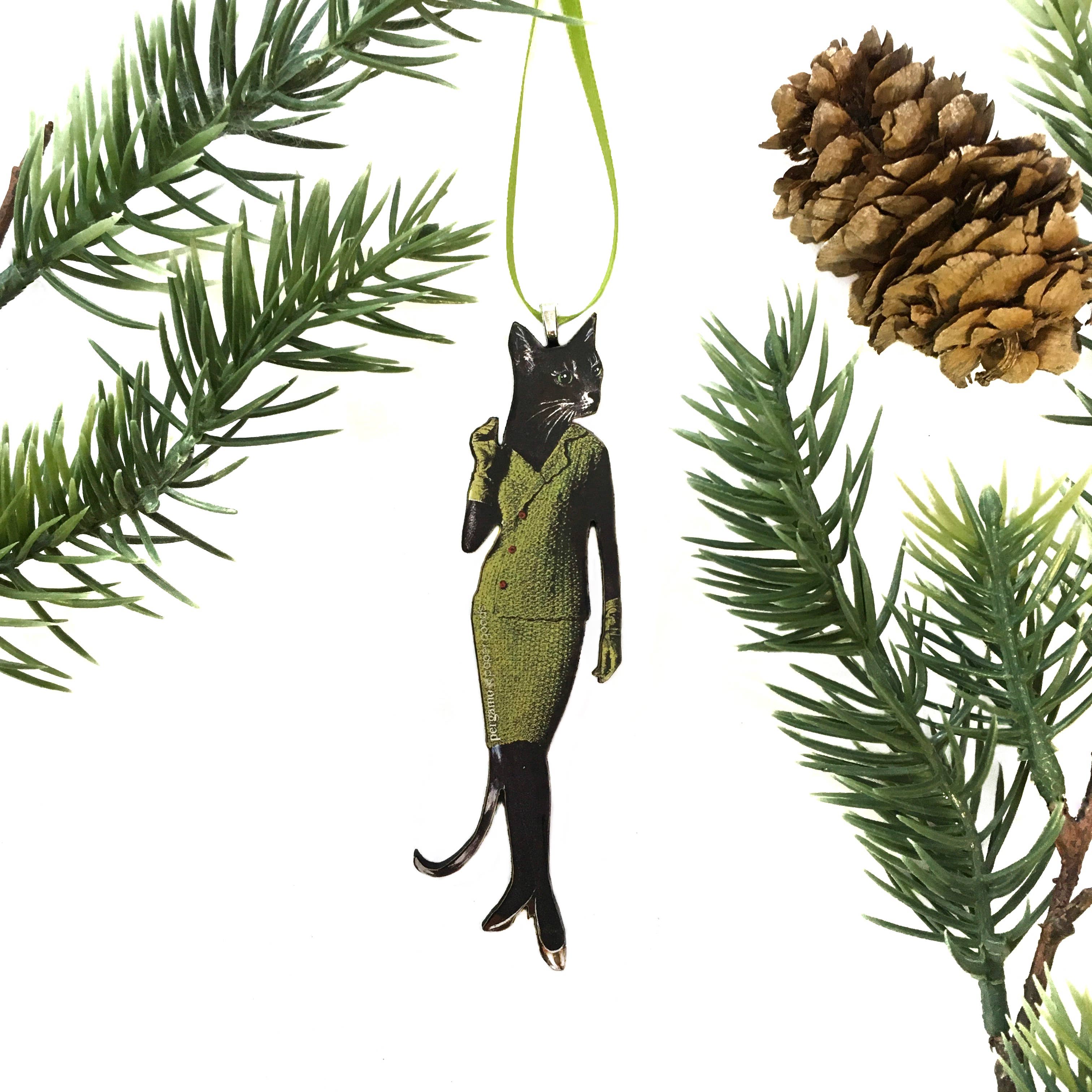 Retro Cat in Avocado Dress Christmas Ornament