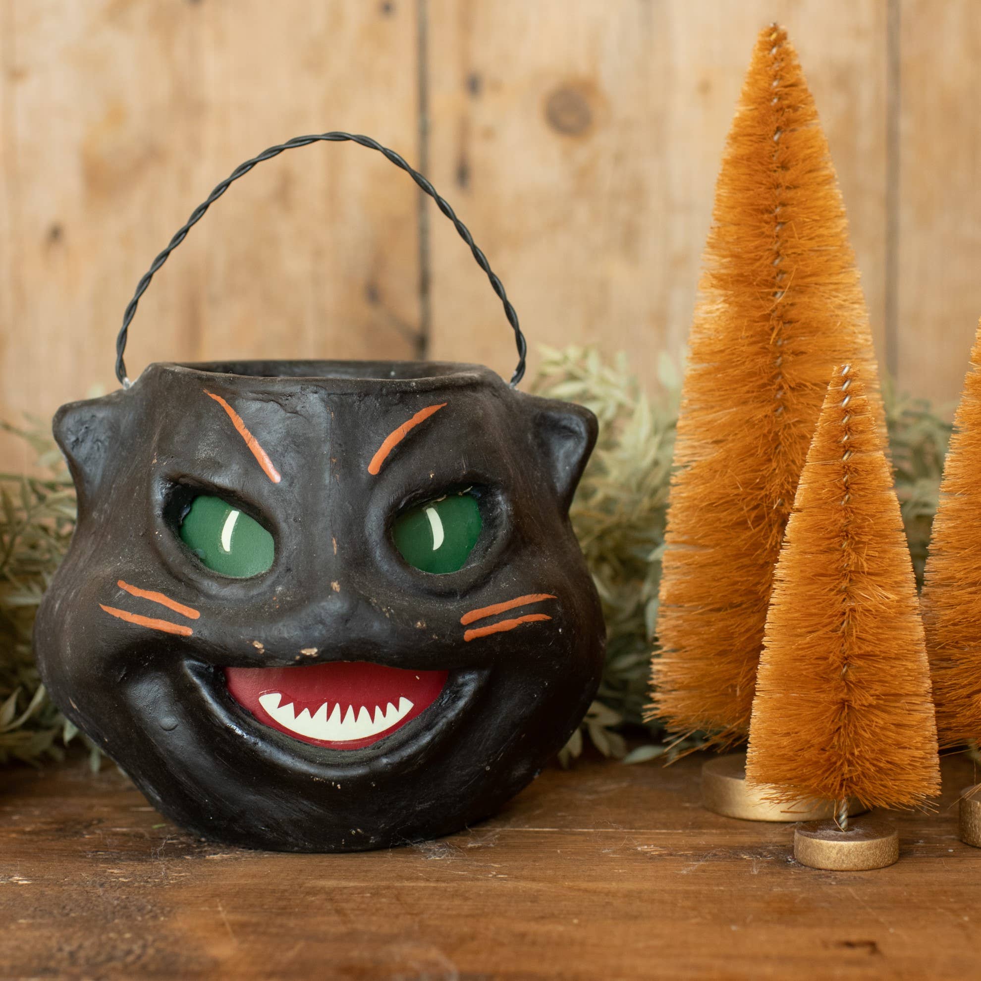 Vintage Black Cat Face Trick or Treating Pail